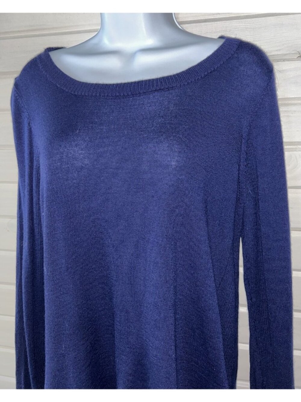 Max Studio Sz LARGE Extra Fine Merino Wool Burgundy Sweater Tunic Navy Blue EUC
